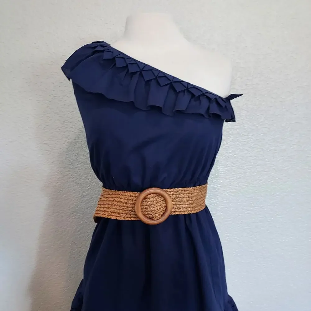 Nine West Blue One Shoulder Lace Hem Dress w/Belt Size 10P - Picture 2 of 11